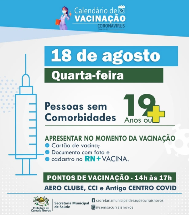 Read more about the article CRONOGRAMA DE VACINAÇÃO EM CURRAIS NOVOS PARA ESTA QUARTA-FEIRA (18)