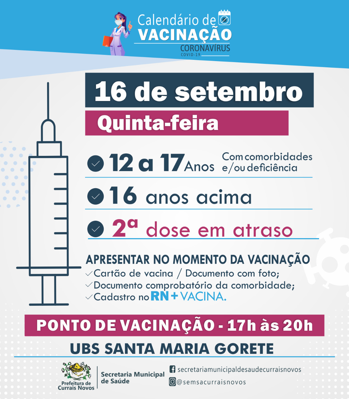 Read more about the article SETOR DE IMUNIZAÇÃO REALIZARÁ ATENDIMENTO À POPULAÇÃO EM HORÁRIO DIFERENCIADO NESTA QUINTA-FEIRA (16)