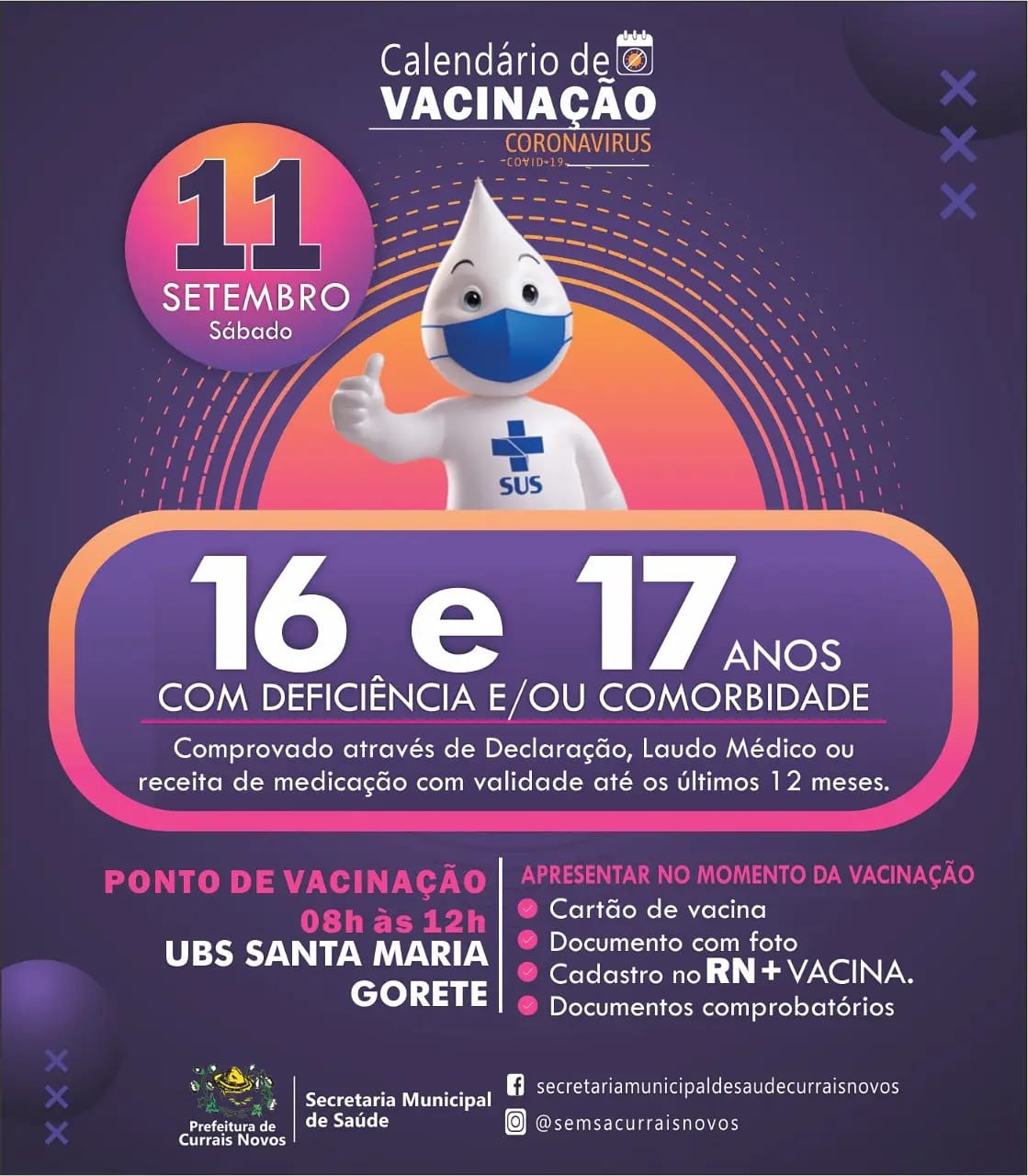 Read more about the article CRONOGRAMA DE VACINAÇÃO EM CURRAIS NOVOS PARA ESTE SÁBADO, DIA 11