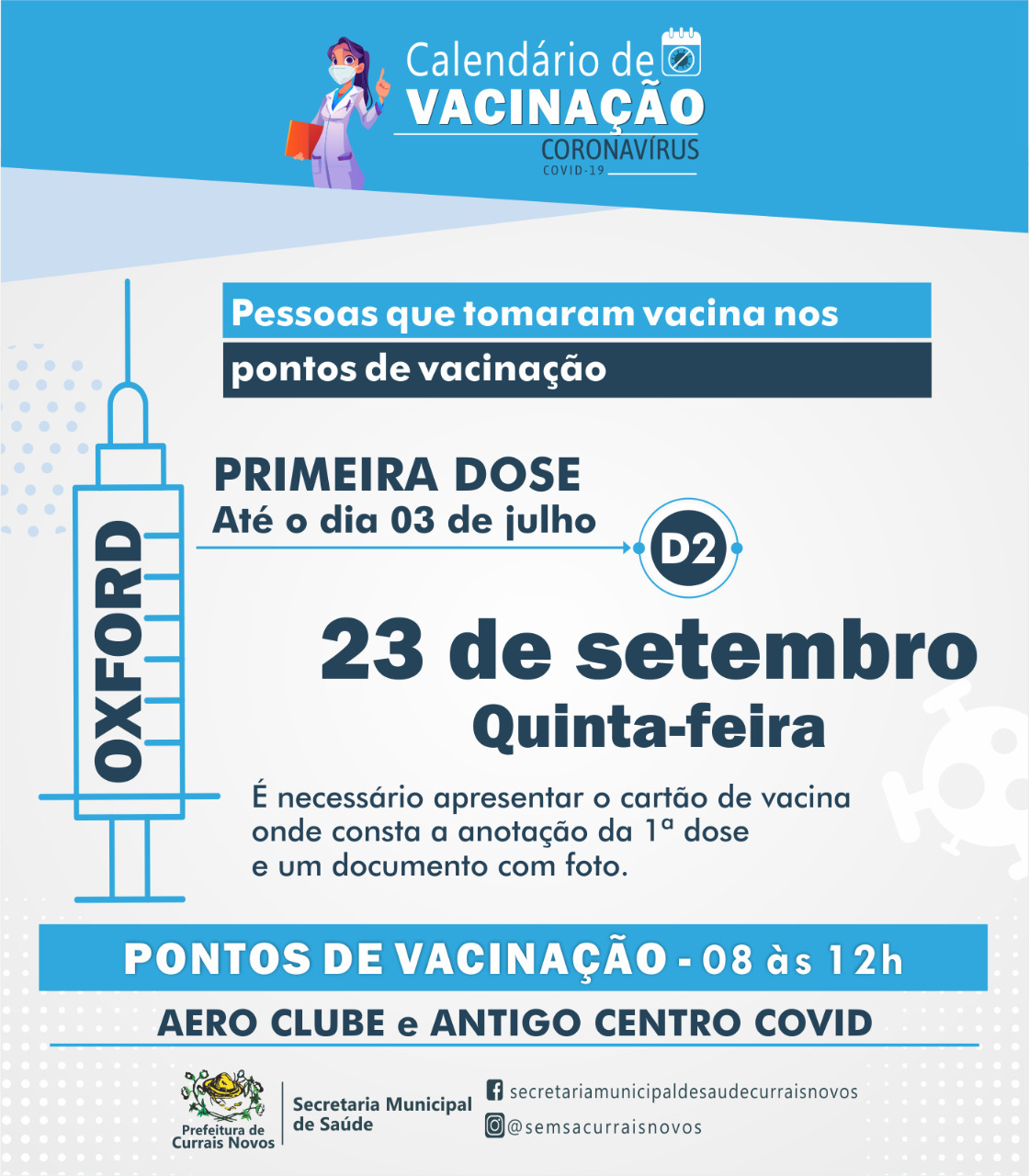 Read more about the article CRONOGRAMA DE VACINAÇÃO “D2” EM CURRAIS NOVOS PARA ESTA QUINTA-FEIRA (23)