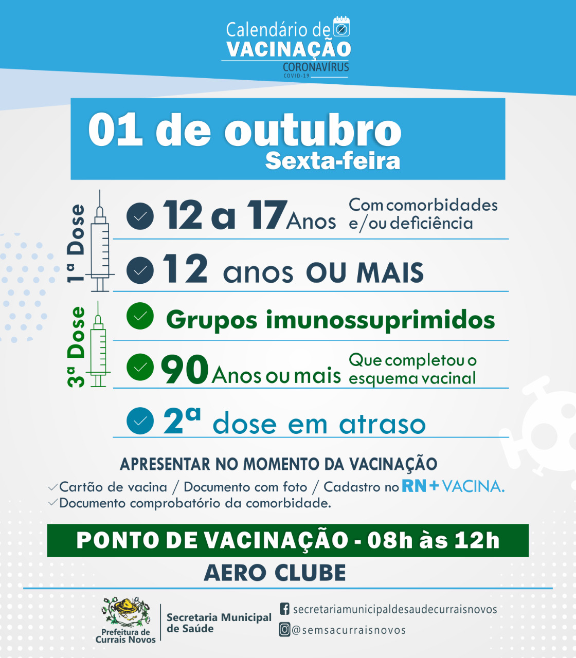 Read more about the article CRONOGRAMA DE VACINAÇÃO EM CURRAIS NOVOS PARA ESTA SEXTA-FEIRA, DIA 01