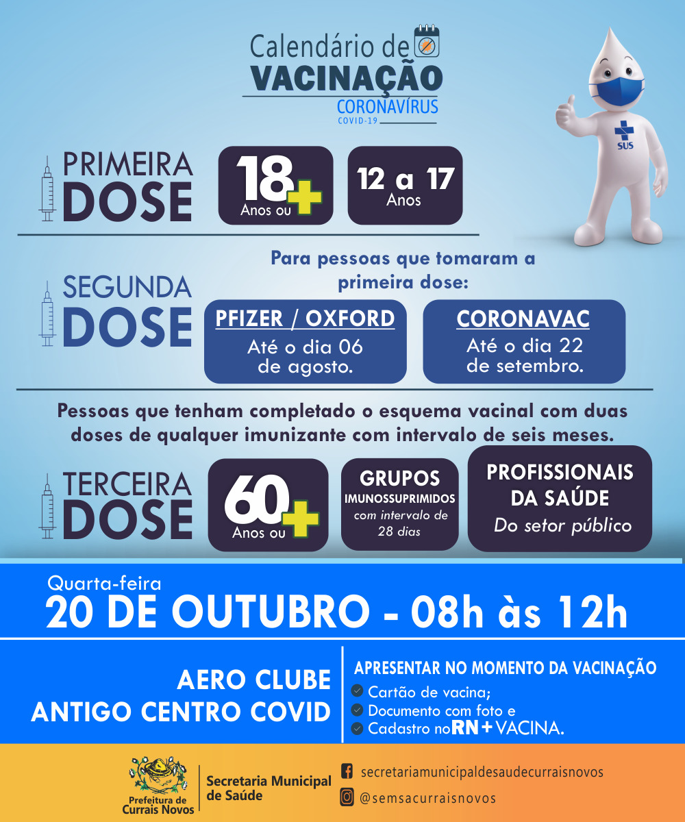 Read more about the article CRONOGRAMA DE VACINAÇÃO EM CURRAIS NOVOS PARA ESTA QUARTA-FEIRA, DIA 20