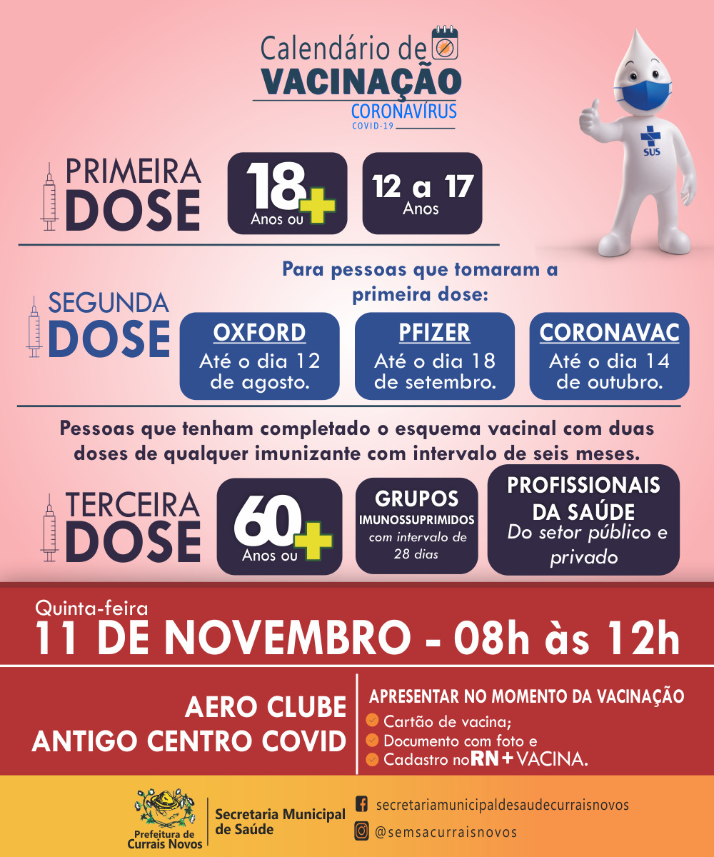 Read more about the article CRONOGRAMA DE VACINAÇÃO EM CURRAIS NOVOS PARA ESTA QUINTA-FEIRA, DIA 11