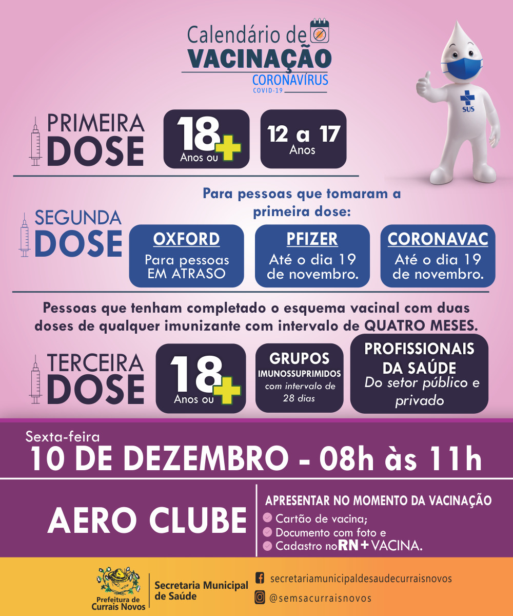 Read more about the article CRONOGRAMA DE VACINAÇÃO EM CURRAIS NOVOS PARA ESTA SEXTA-FEIRA, DIA 10