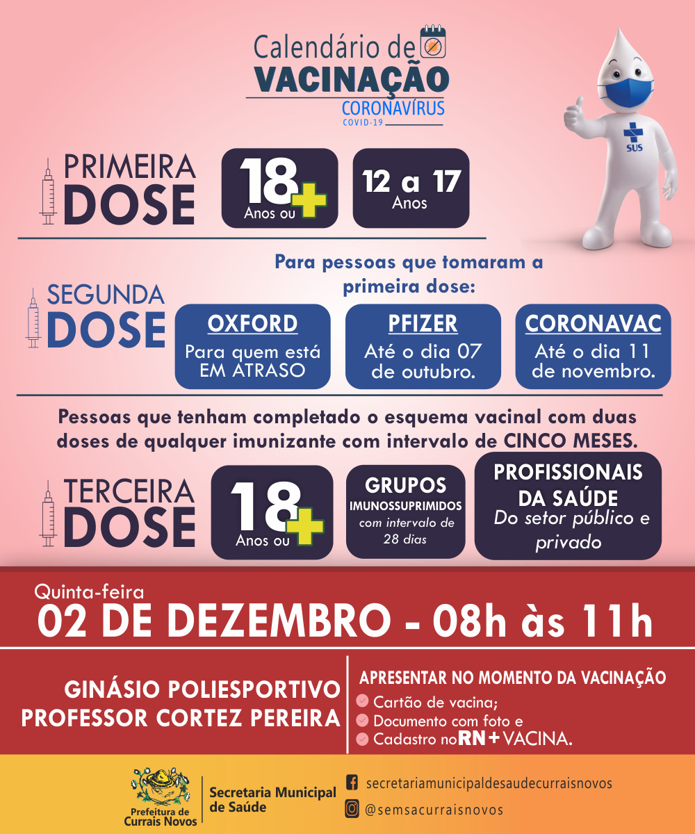 Read more about the article CRONOGRAMA DE VACINAÇÃO EM CURRAIS NOVOS PARA ESTA QUINTA-FEIRA, DIA 02