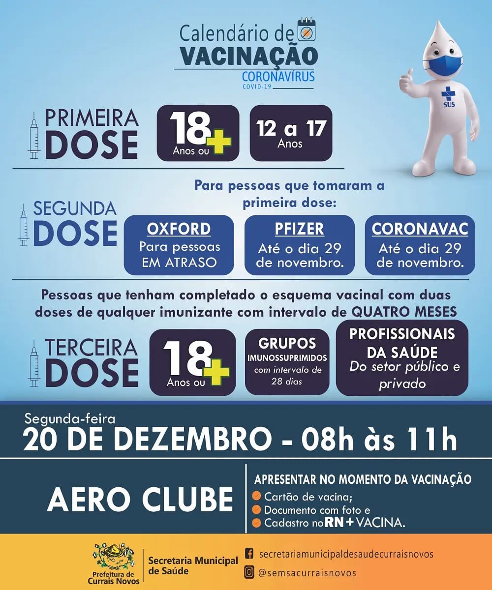 Read more about the article CRONOGRAMA DE VACINAÇÃO EM CURRAIS NOVOS PARA ESTA SEGUNDA-FEIRA, DIA 20