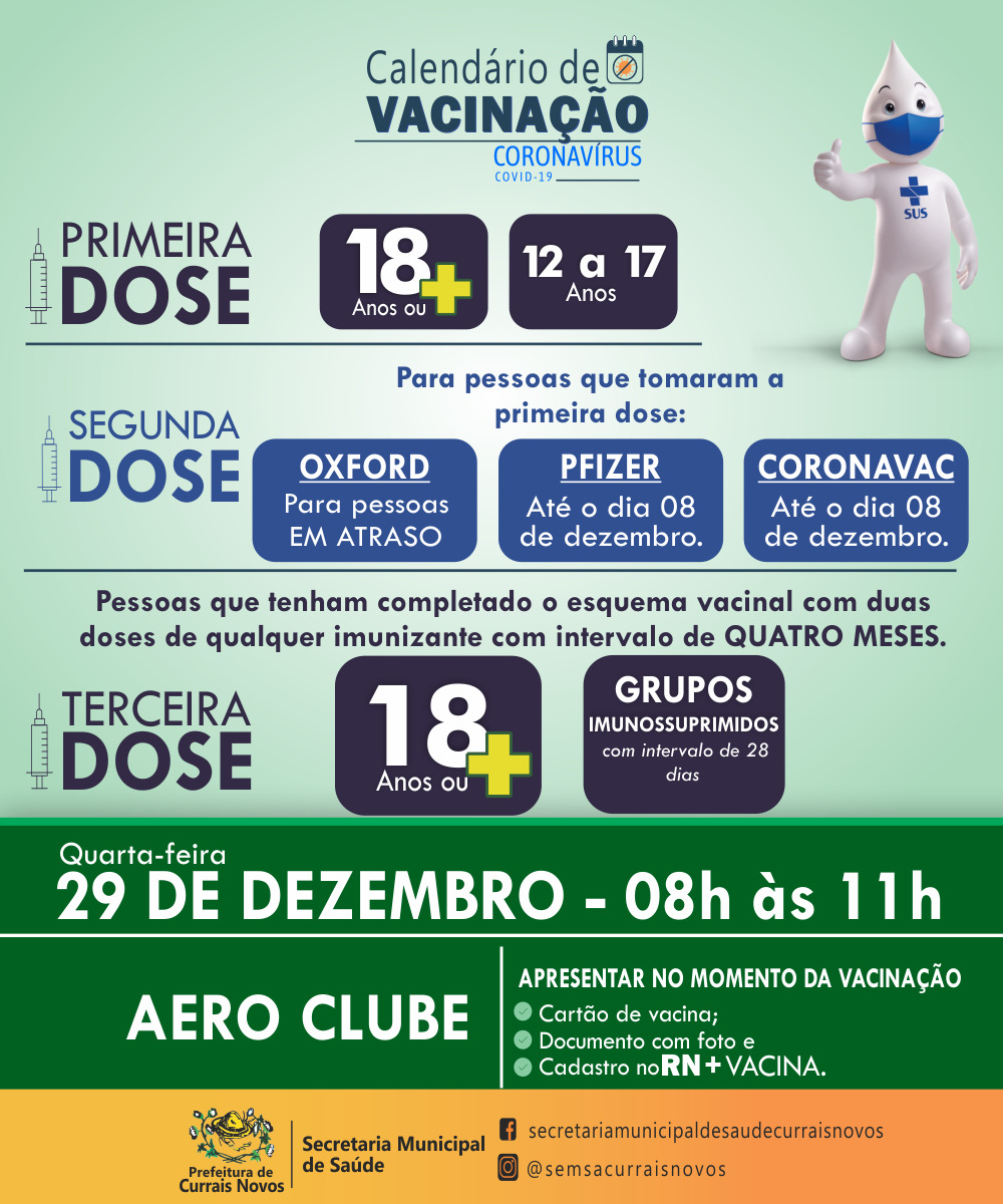 Read more about the article CRONOGRAMA DE VACINAÇÃO EM CURRAIS NOVOS PARA ESTA QUARTA-FEIRA, DIA 29