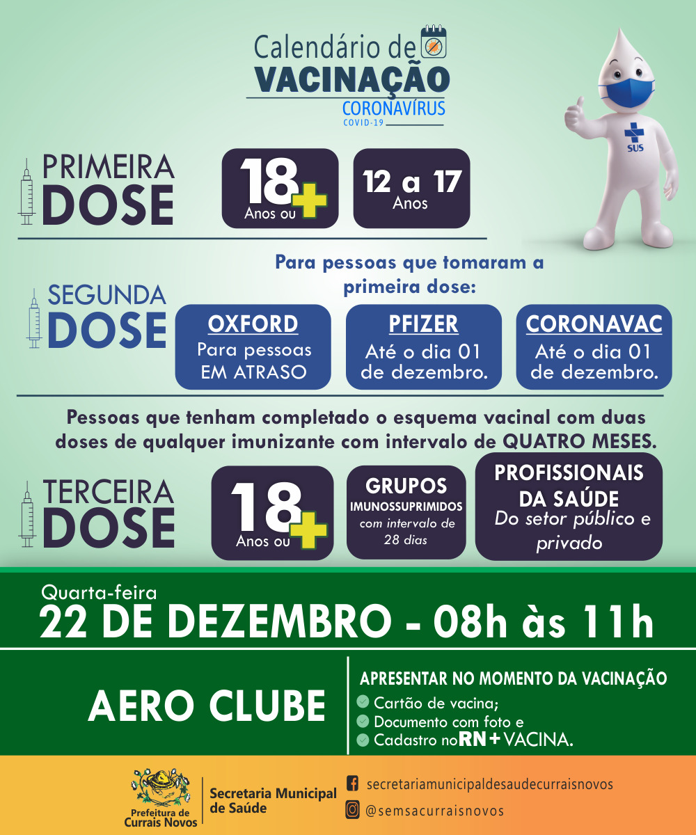 Read more about the article CRONOGRAMA DE VACINAÇÃO EM CURRAIS NOVOS PARA ESTA QUARTA-FEIRA, DIA 22