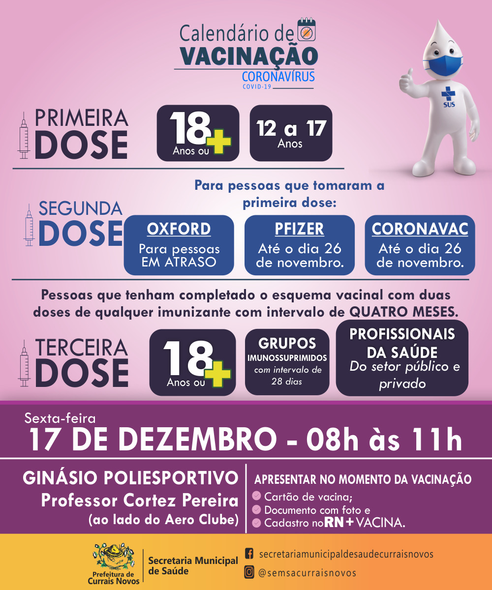 Read more about the article CRONOGRAMA DE VACINAÇÃO EM CURRAIS NOVOS PARA ESTA SEXTA-FEIRA, DIA 17