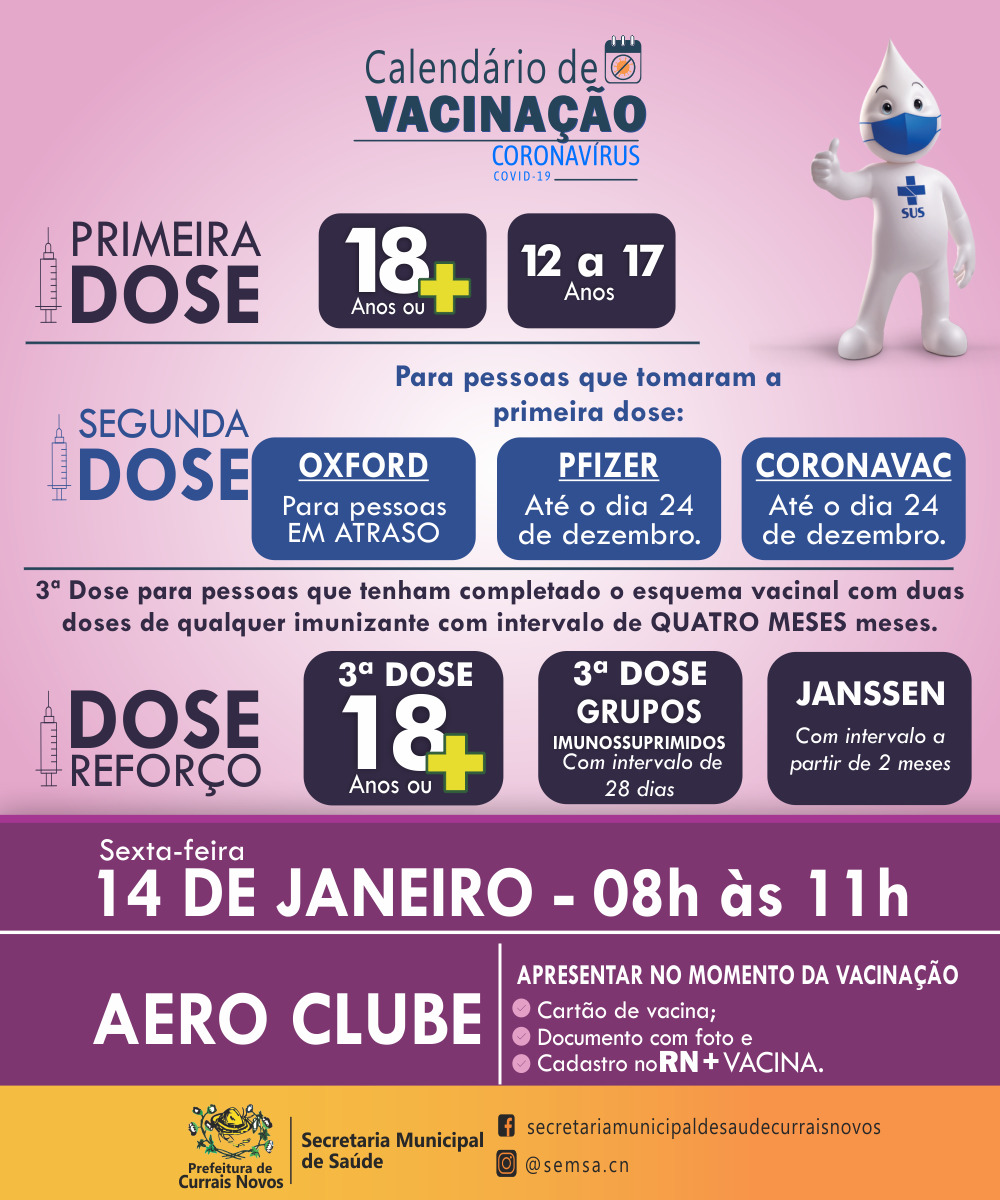 Read more about the article CRONOGRAMA DE VACINAÇÃO EM CURRAIS NOVOS PARA ESTA SEXTA-FEIRA, DIA 14