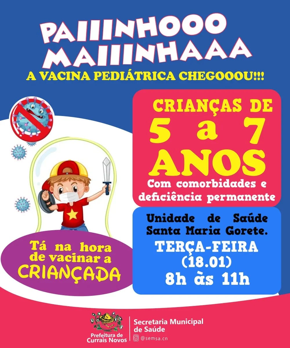 Read more about the article Currais Novos inicia vacinação de crianças na terça-feira (18)