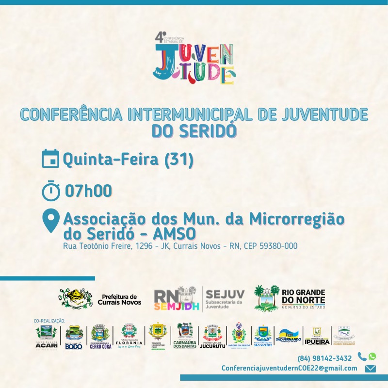 Read more about the article VEM AÍ A I CONFERÊNCIA INTERMUNICIPAL DE JUVENTUDE DO SERIDÓ