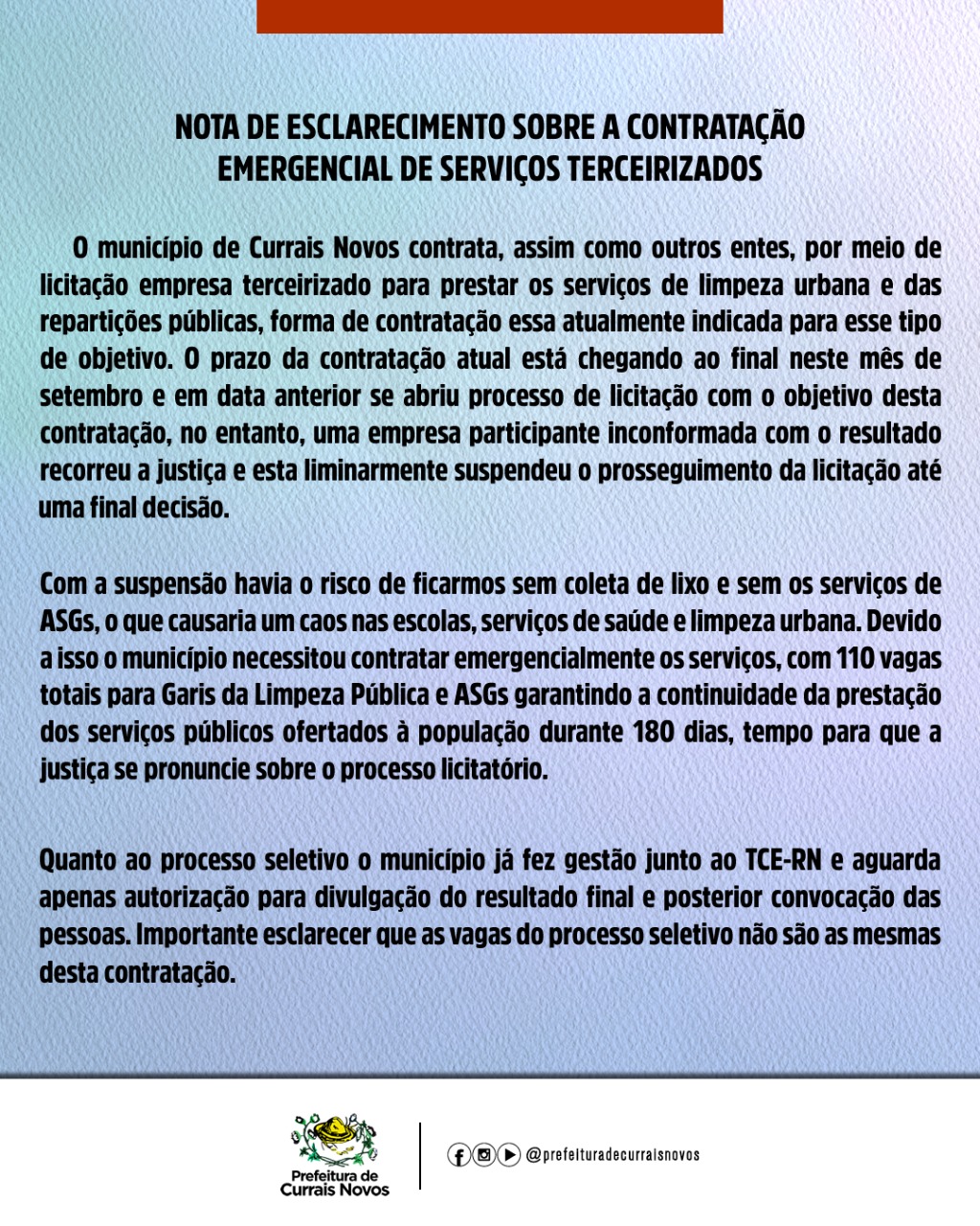 Read more about the article NOTA DE ESCLARECIMENTO SOBRE A CONTRATAÇÃO EMERGENCIAL DE SERVIÇOS TERCEIRIZADOS